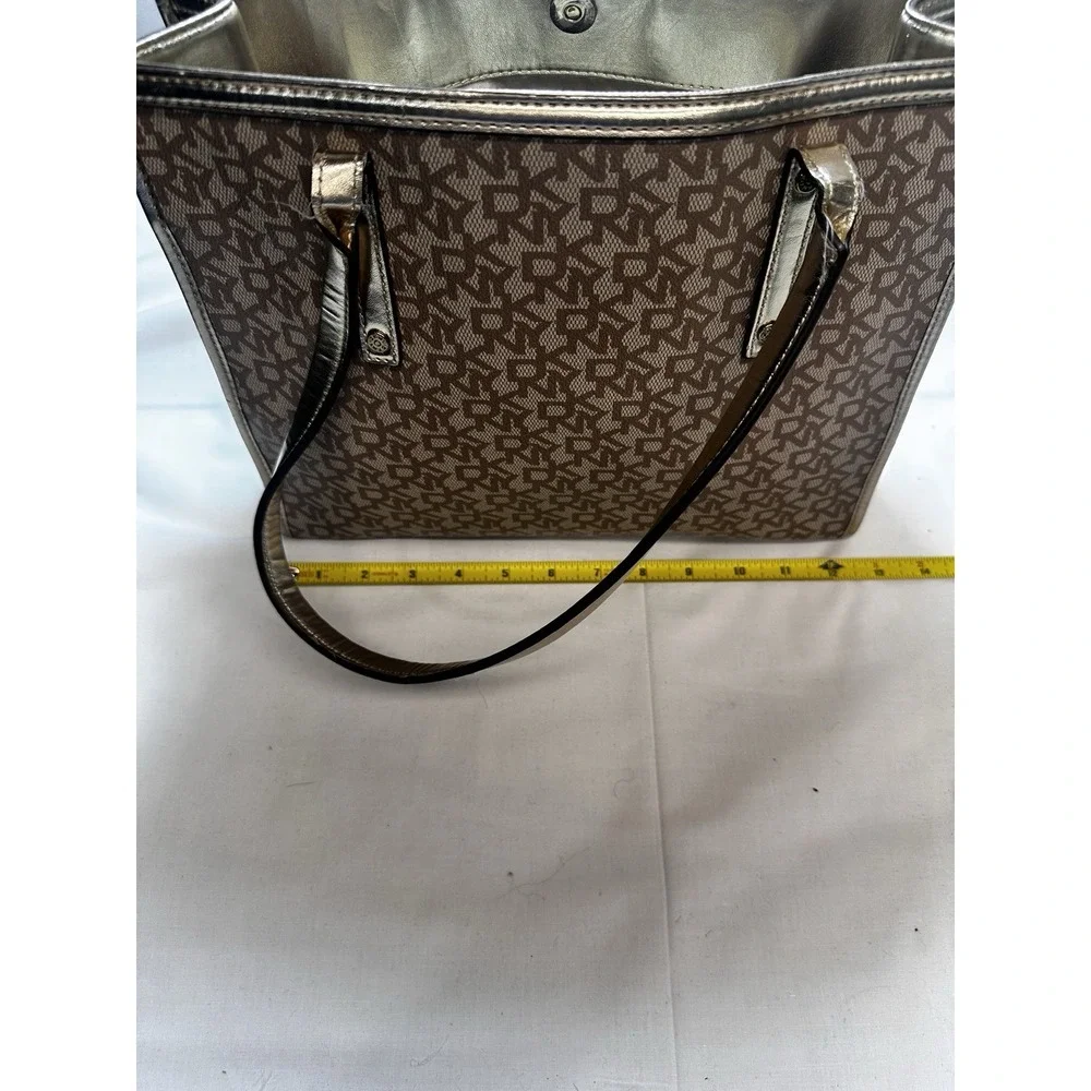 DKNY Repeat Gold Tote Bag Purse Beige w/ Brown Monogram in excellent cond 1990's